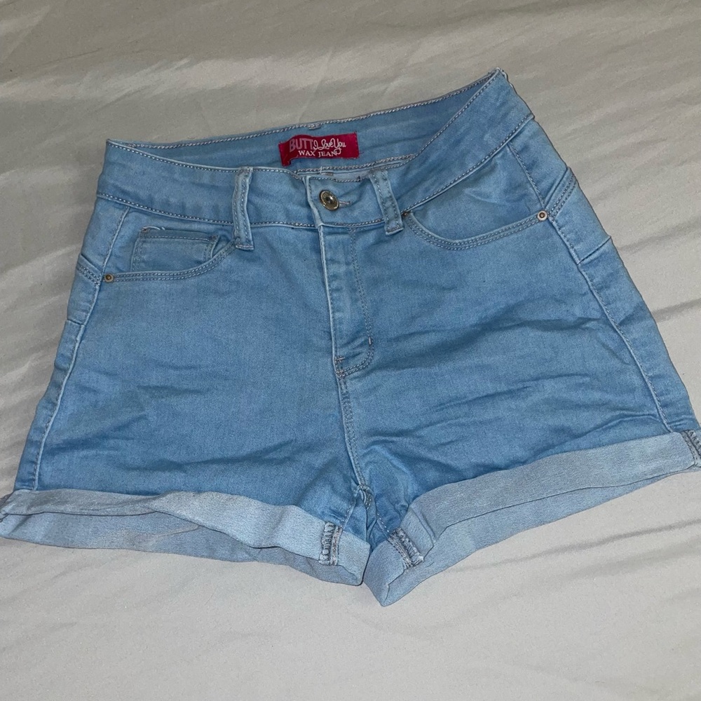 Stretchy, Light Blue Wax Jean Shorts
